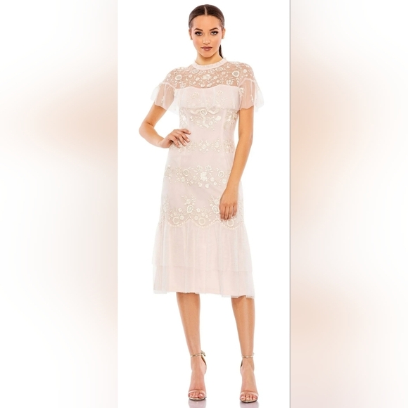 NWT! Mac Duggal, Embroidered Ruffled Sleeve Midi Dress,Blush,Size 10, MSRP $498 - Picture 1 of 11